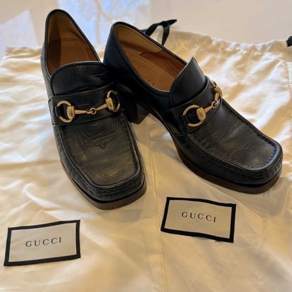 Gucci Vegas Leather Mid Heel Loafers Black